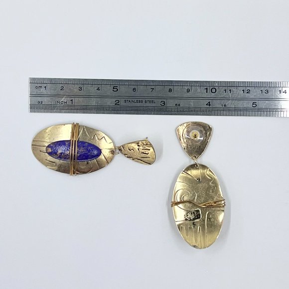 NWOT - Lapis Inspired Large Oval Metal Wrapped Gold Tone Post Earrings - Picture 4 of 7